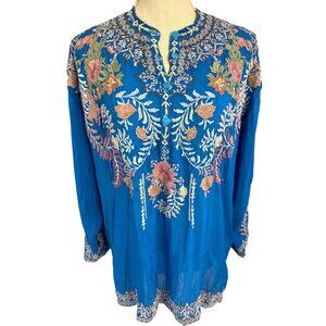 Johnny Was Embroidered Boho Floral Blue Tunic Top 100% Long Sleeve XS